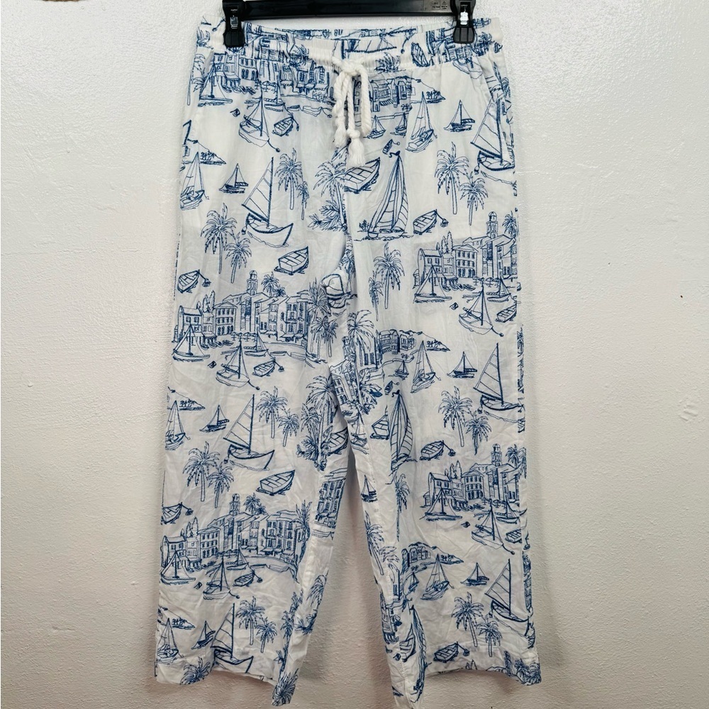 Cynthia Rowley Pants Size S Wide Leg Blue White Coastal Toile Drawstring